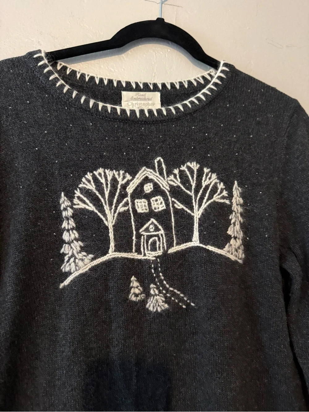 Christopher & Banks Charcoal Knit Crewneck Sweater with White Cabin Embroidery